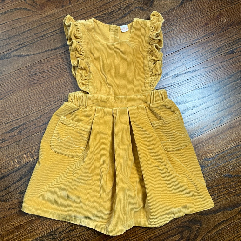 Corduroy 3T girl dress ribbed apron golden mustard yellow button pocket cotton